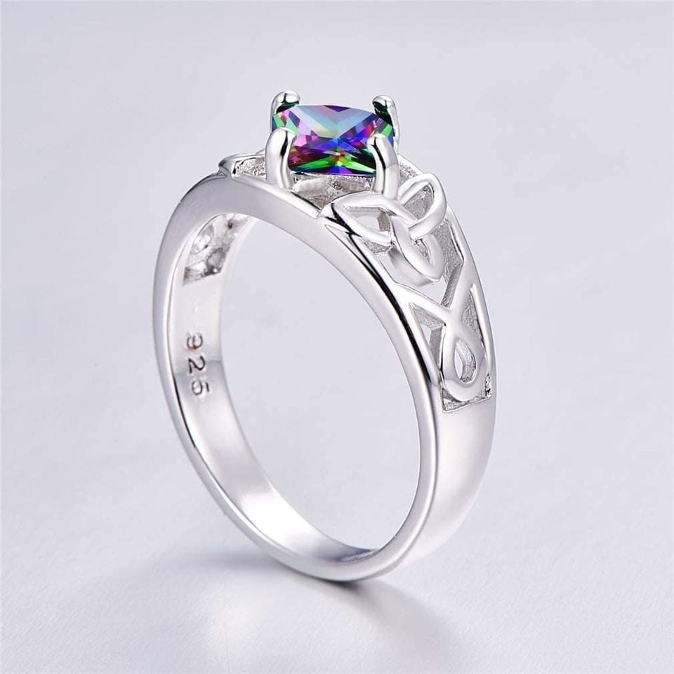 925 Sterling Silver Trinity Knot Mystic Rainbow Topaz Celtic Ring