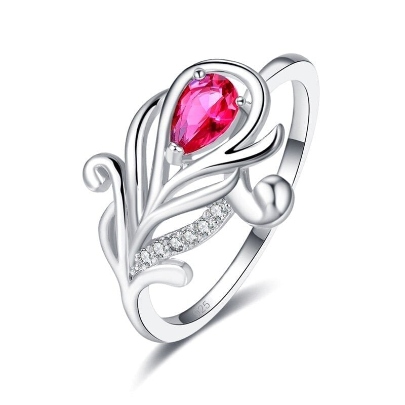 925 Sterling Silver Pink Water Drop Leafy Ring