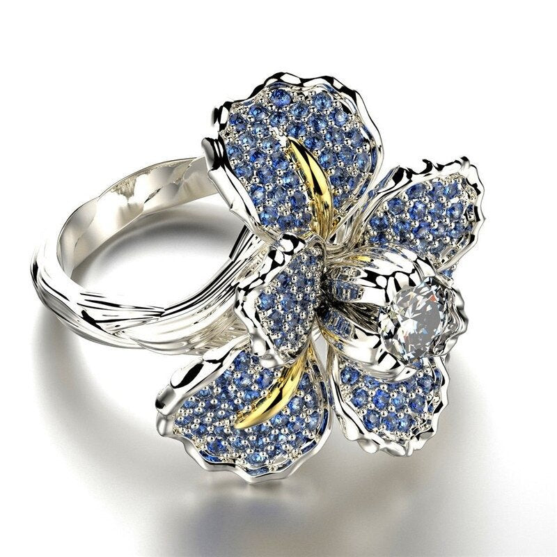 Sterling Silver Blue Iris Flower Crystals Ring