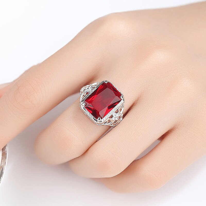 925 Sterling Silver Ruby Red Hollow Ring