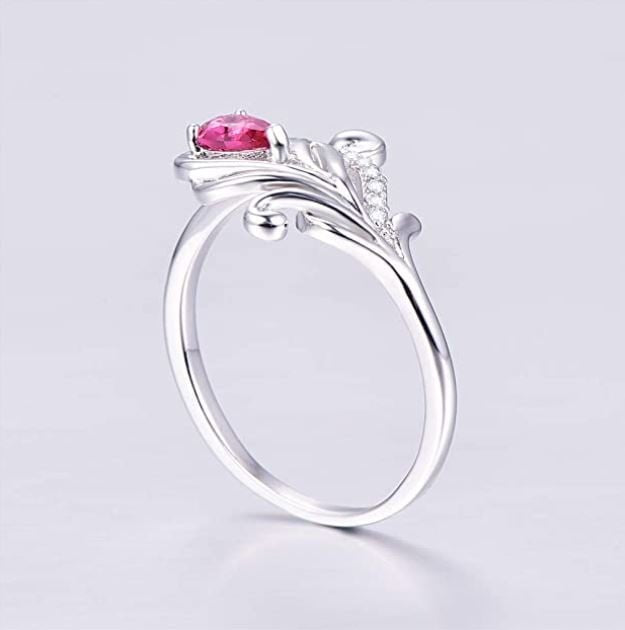 925 Sterling Silver Pink Water Drop Leafy Ring