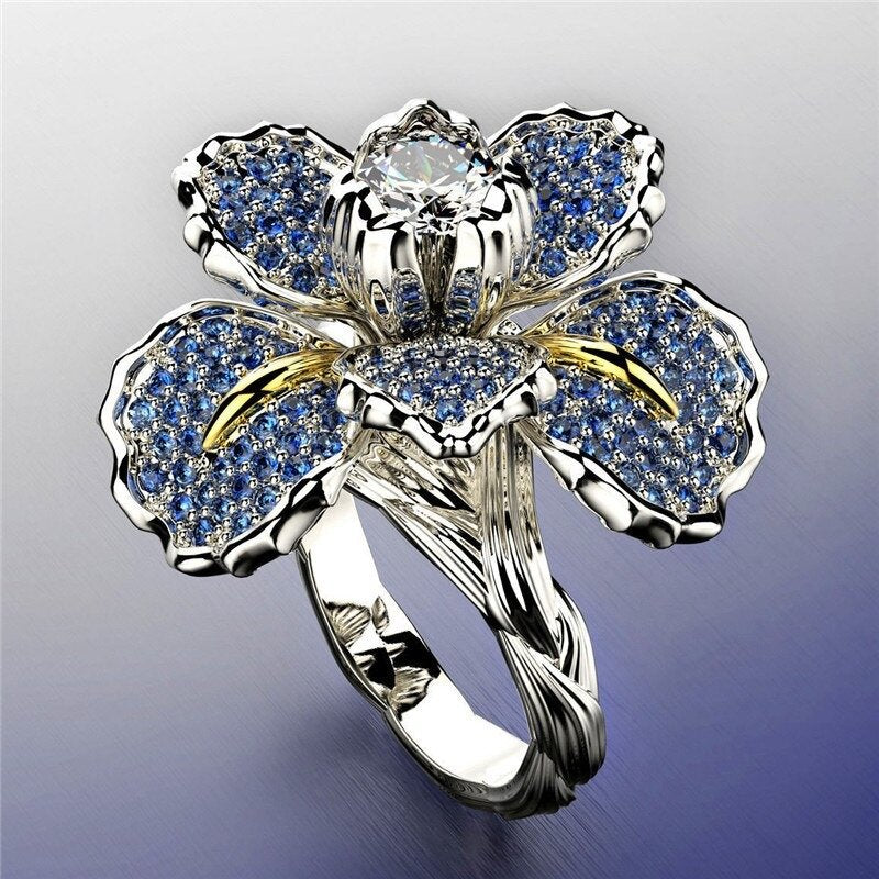Sterling Silver Blue Iris Flower Crystals Ring