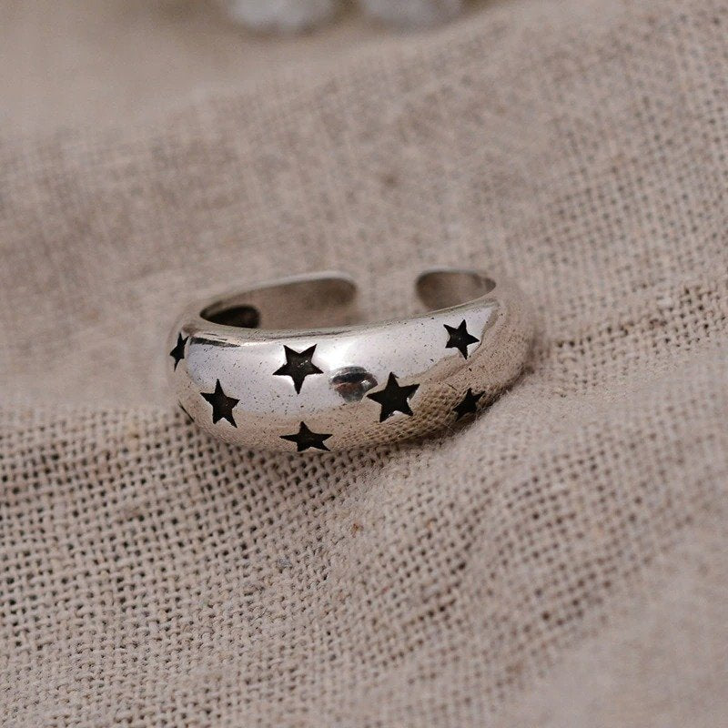 Retro Carving Stars Open Silver Ring