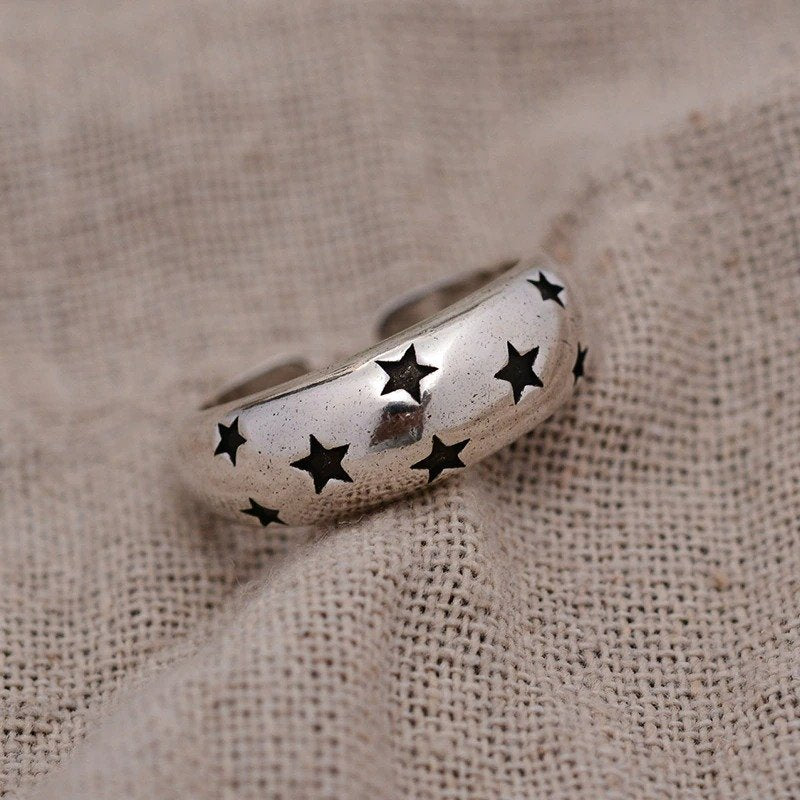 Retro Carving Stars Open Silver Ring