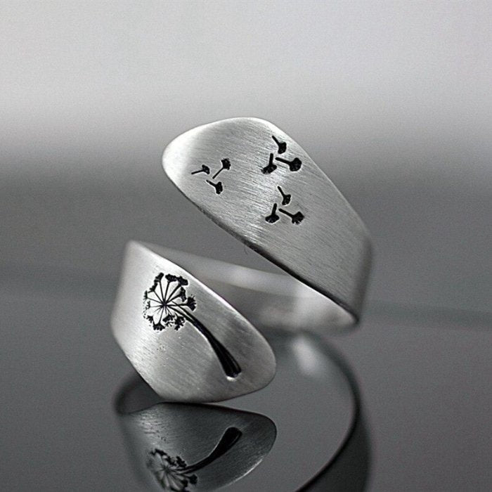 Silver Carved Engraving Dandelion Open Ring