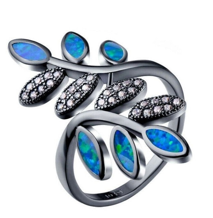 35mm Blue Opal & CZ Zircon Leaf Branch Ring