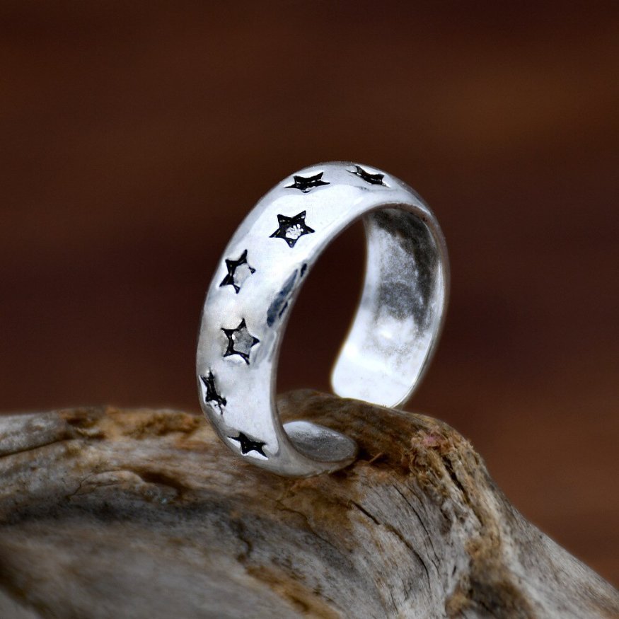 Retro Carving Stars Open Silver Ring