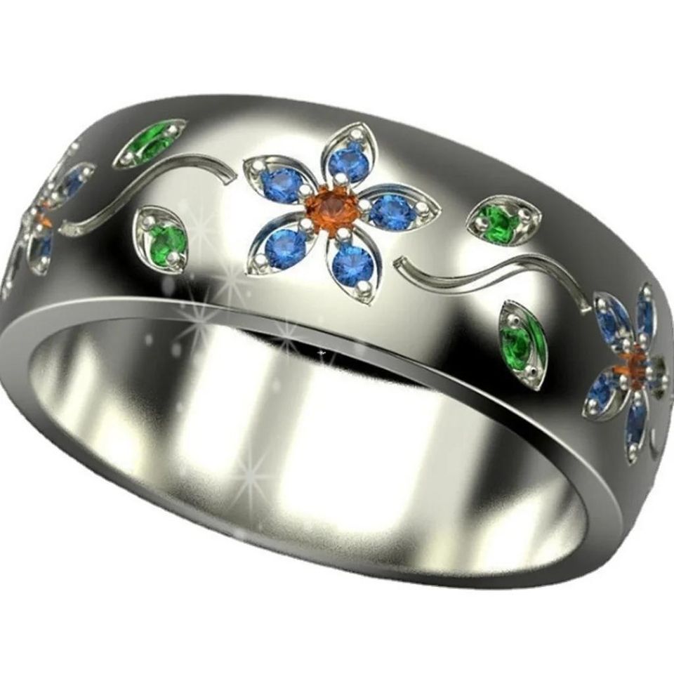 Colorful Small Flower Vine Silver Ring