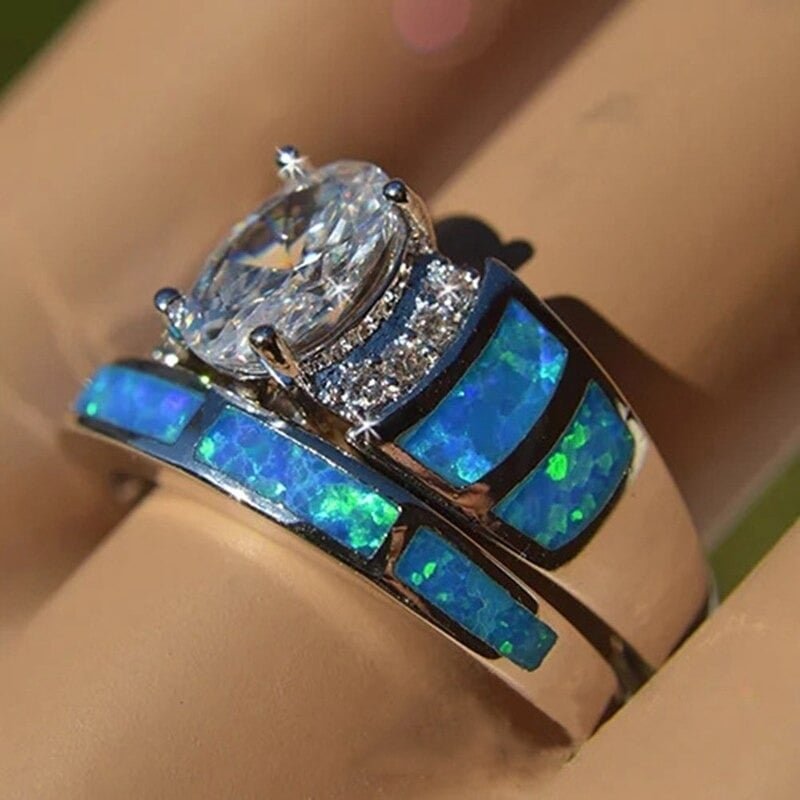 2pcs Blue Opal Epoxy Zircon Inlaid Silver Ring Set
