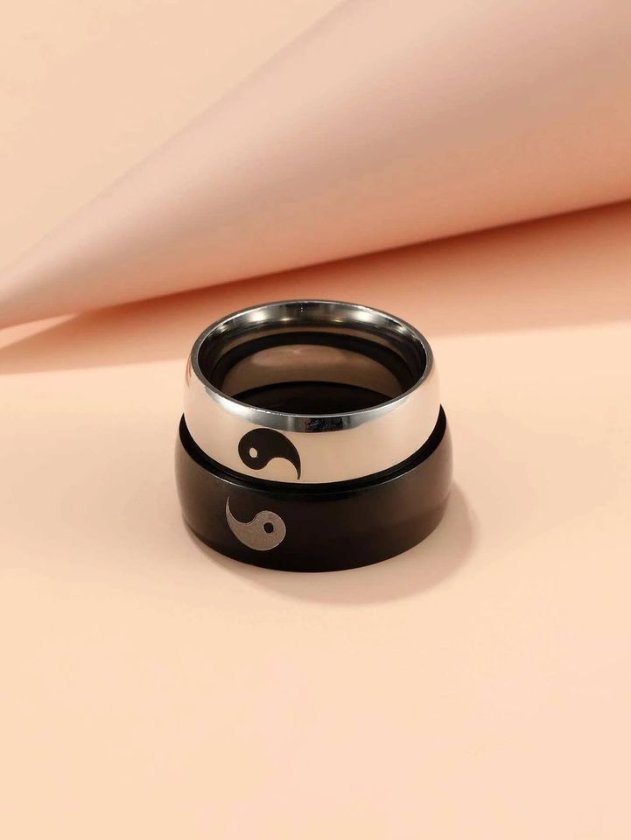 2pcs Stainless Steel Romantic Ying Yang Matching Couple Ring Set