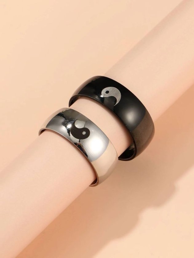 2pcs Stainless Steel Romantic Ying Yang Matching Couple Ring Set