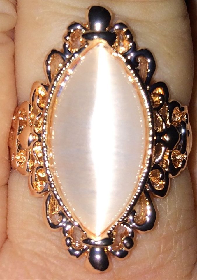 925 Sterling Silver Vintage Pink Opal Rose Gold Tone Ring