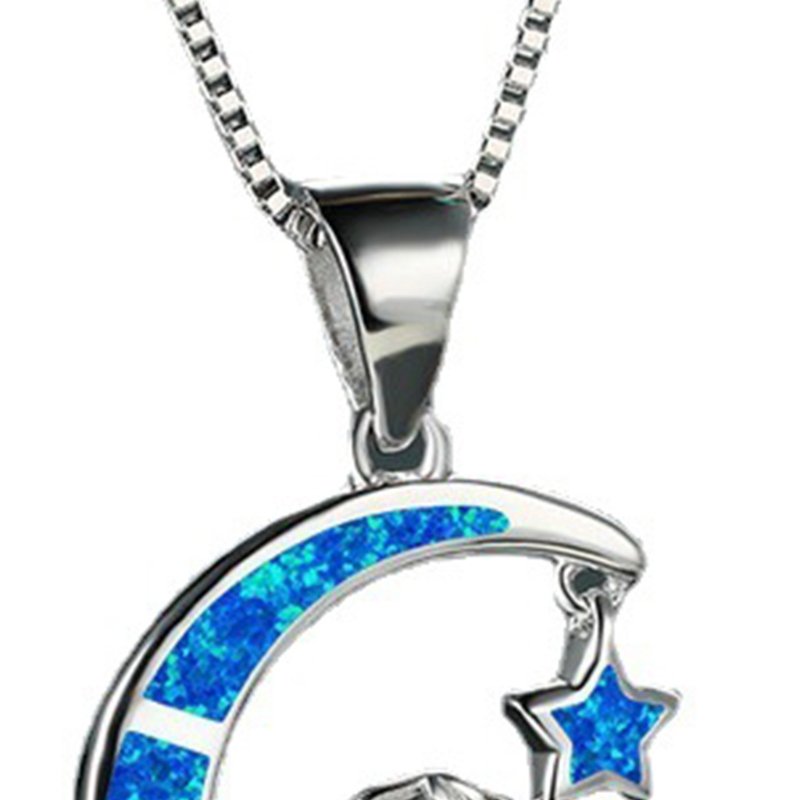 Mermaid Moon & Stars Blue Opal Silver Necklace