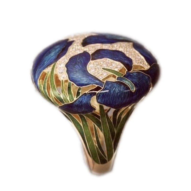 Chinese Style Hand-Painted Lotus Grass Retro Ring
