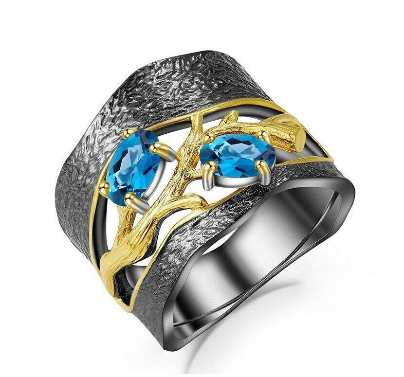 Handmade Blue Sapphire Golden Branch Black Retro Ring