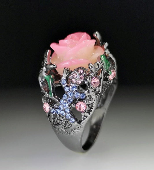 Handmade Black Tungsten Colorful Flower Lizard Resin Ring