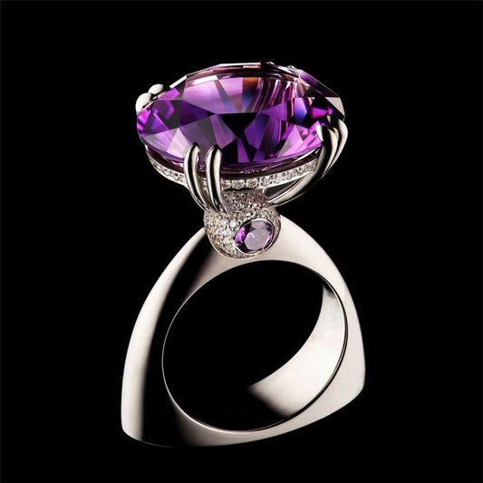 925 Sterling Silver Round Purple Amethyst Unique Ring