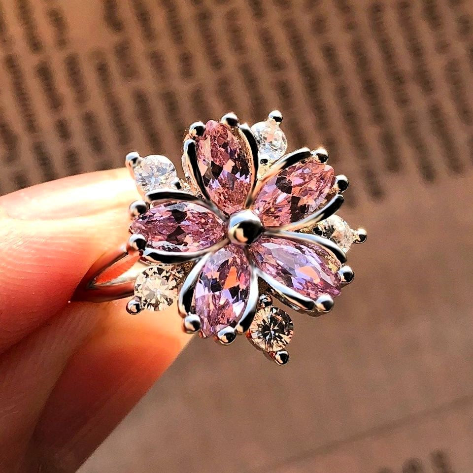 Big Pink Lotus Silver Flower Ring