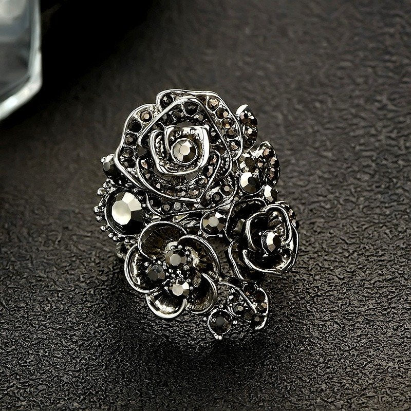 28mm Vintage Black Rose Ethnic Antique Silver Ring