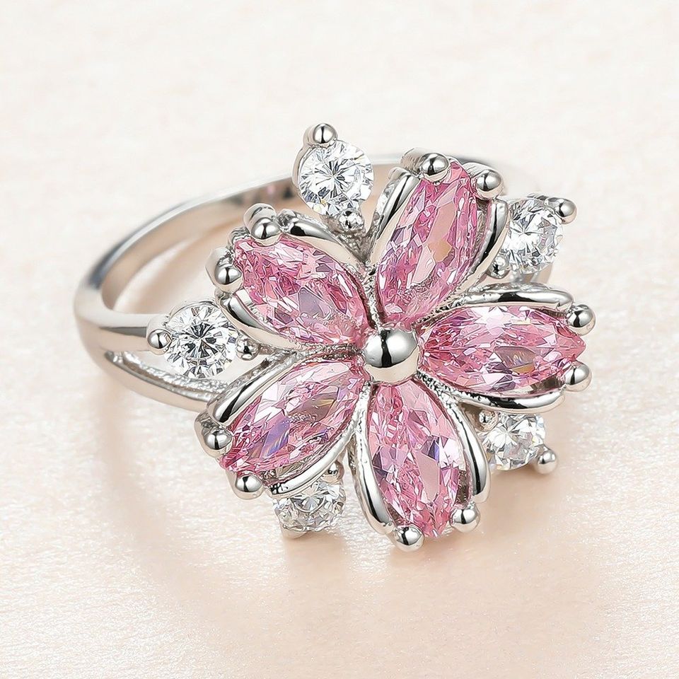 Big Pink Lotus Silver Flower Ring