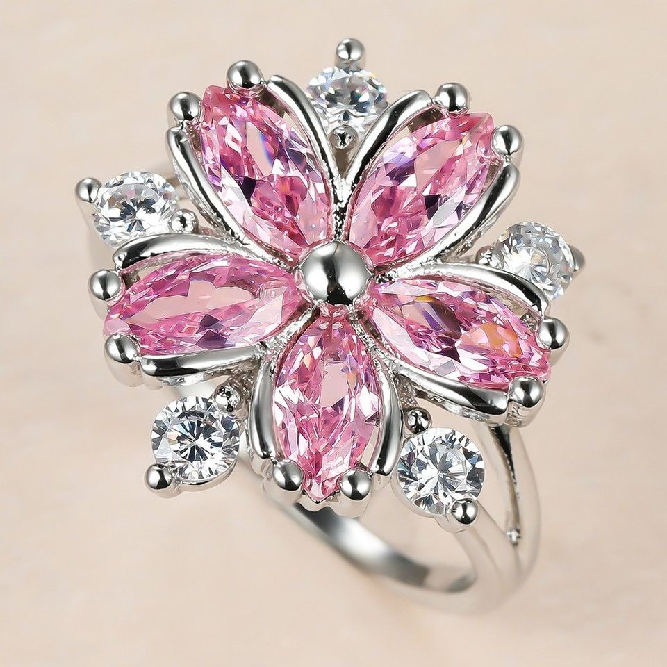 Big Pink Lotus Silver Flower Ring