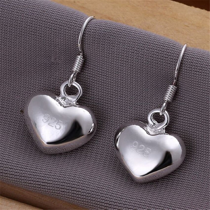 Smooth Puffed Heart Silver Drop Earrings