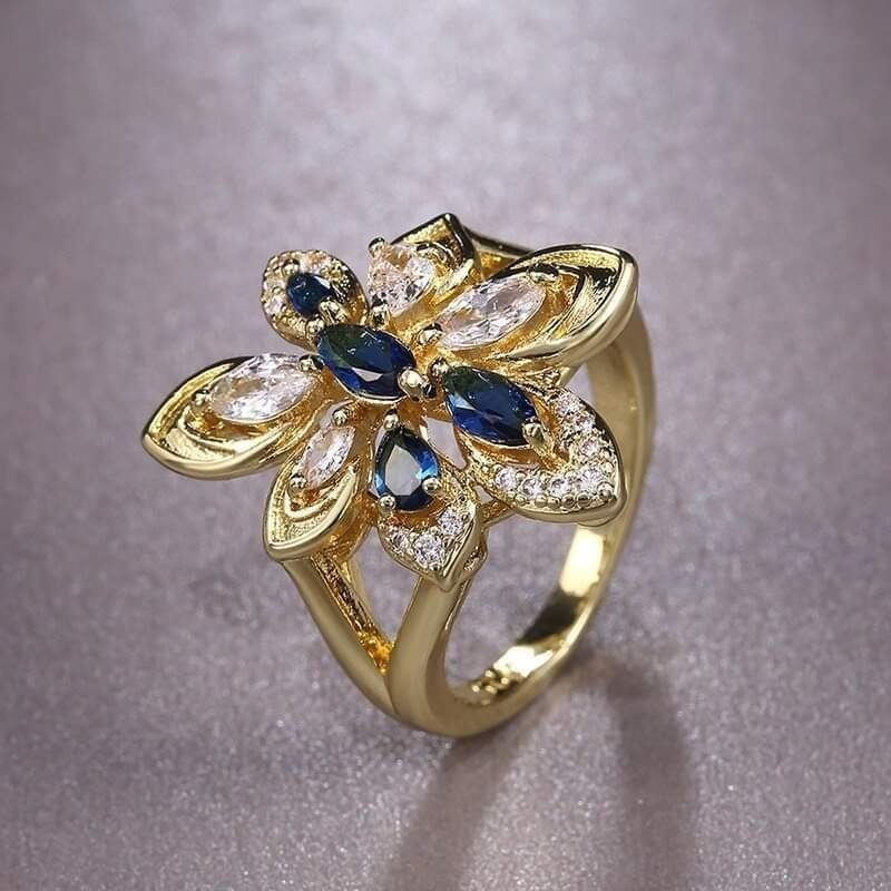 925 Silver Blue & White Marquise Teardrop Flower Gold Tone Ring