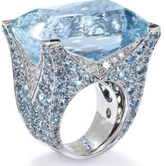 925 Sterling Silver Square Blue Aquamarine Ring