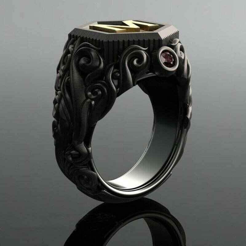 Men's Midnight Sovereign Letter “M” Carved Crest with Gold Emblem Ring