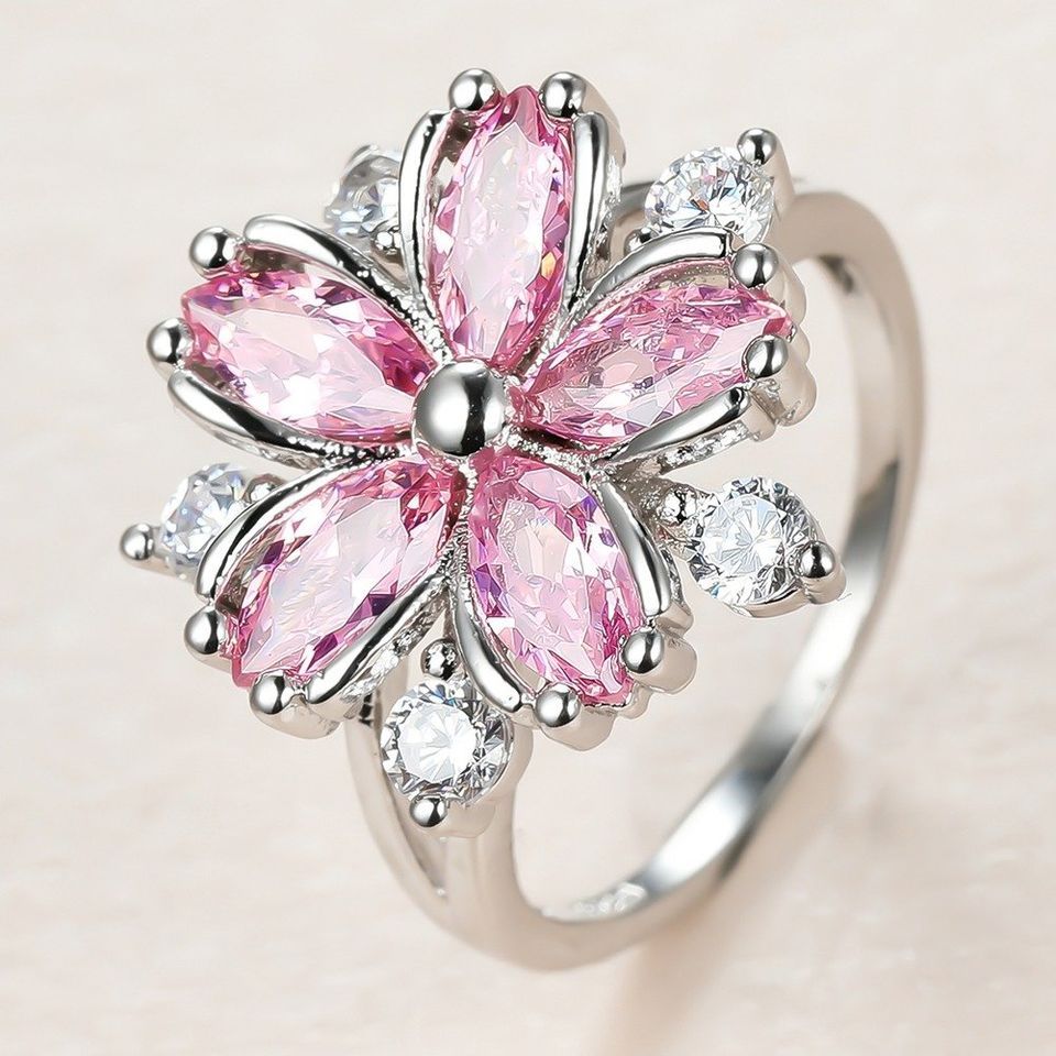 Big Pink Lotus Silver Flower Ring