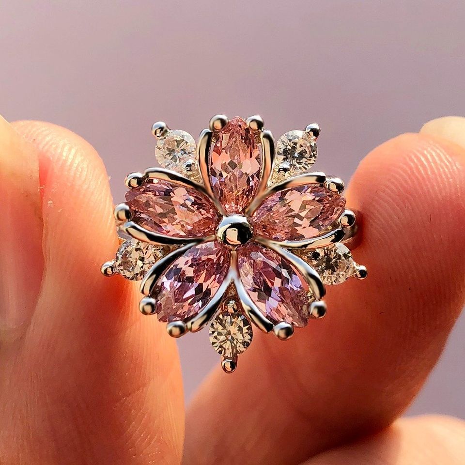 Big Pink Lotus Silver Flower Ring