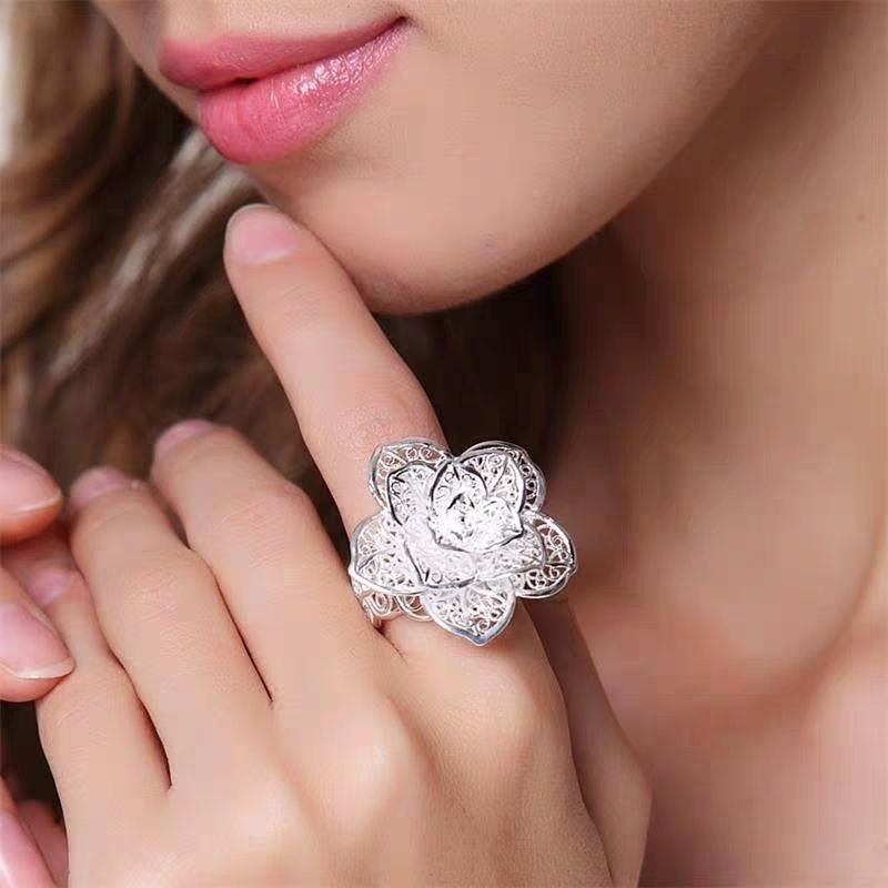 Huge 925 Sterling Silver 3cm Rose Open Flower Ring