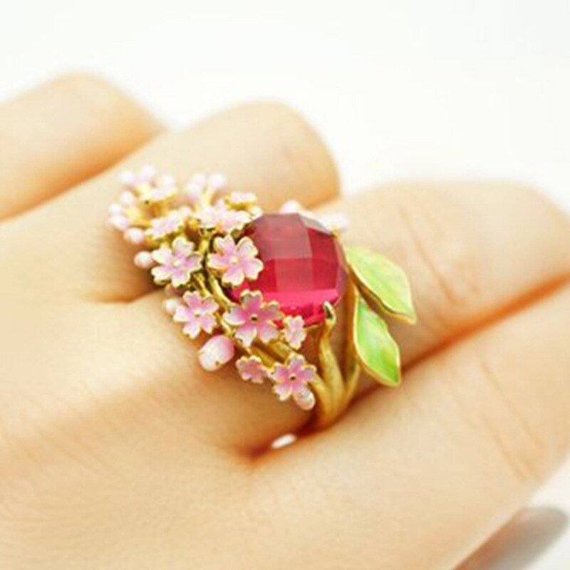 Delicate Pink Blossom Flower Leaf Tree Branch Ring