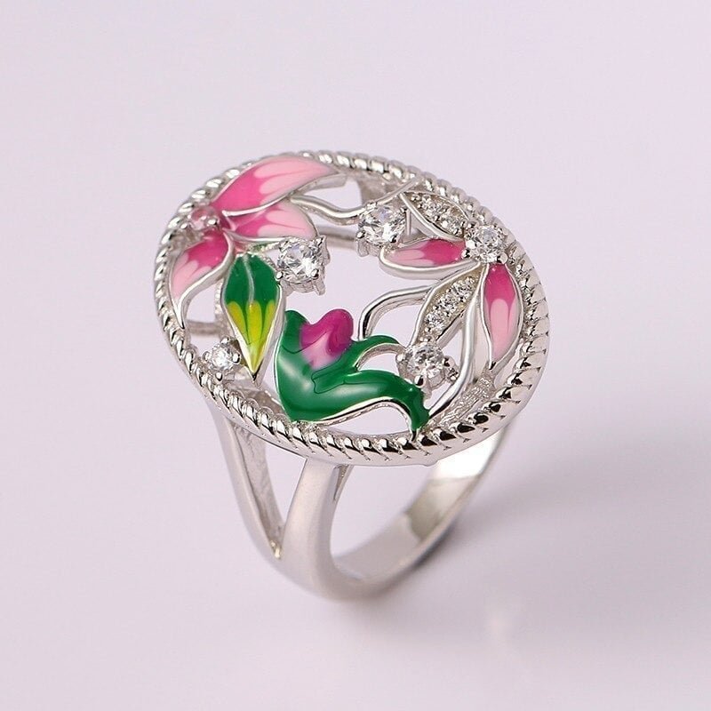 Handmade Lotus Blossom Flower Leaf Hollow Silver Ring