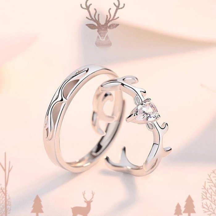 2pcs Sterling Silver Deer Antler Matching Open Couple Rings