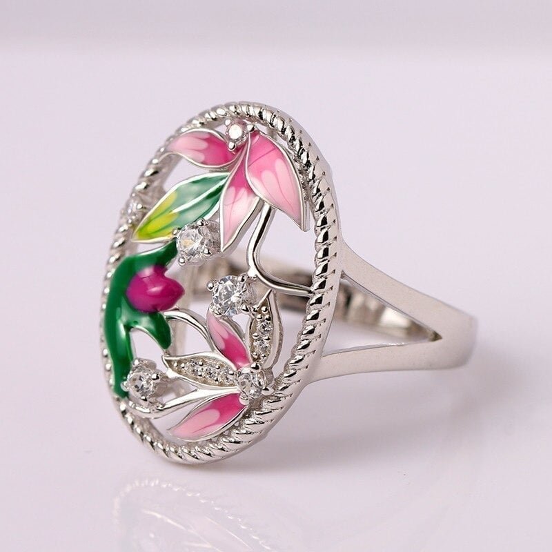 Handmade Lotus Blossom Flower Leaf Hollow Silver Ring