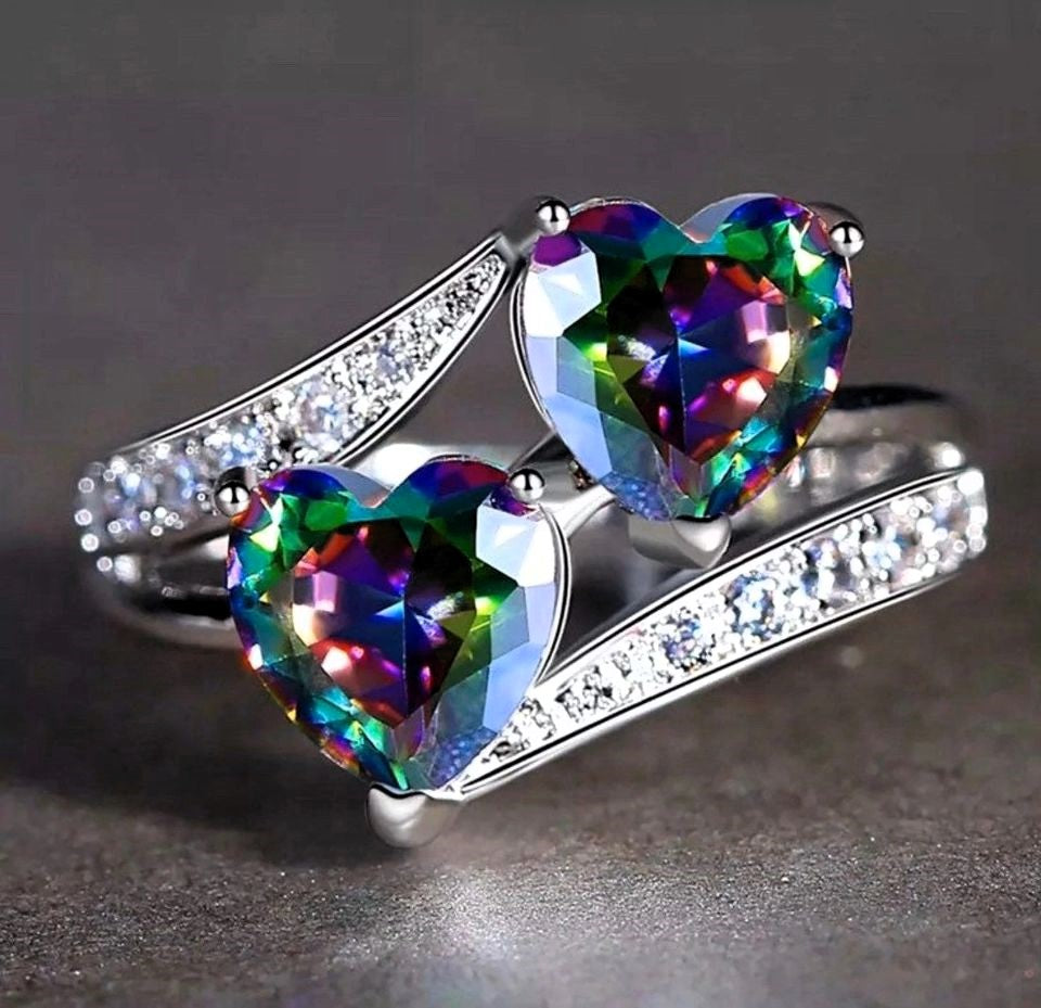 925 Sterling Silver Mystic Rainbow Double Heart Promise Ring