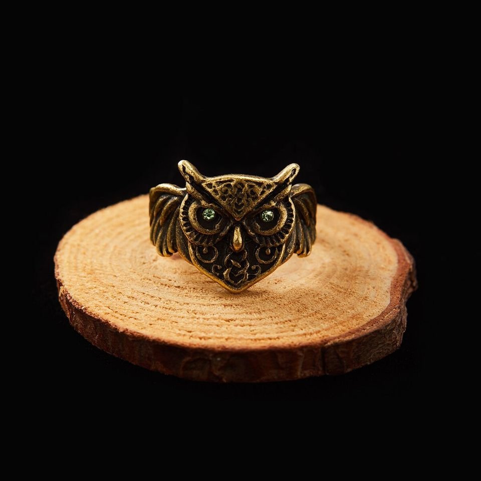 Retro Green Eyes Owl Head Open Gold Ring