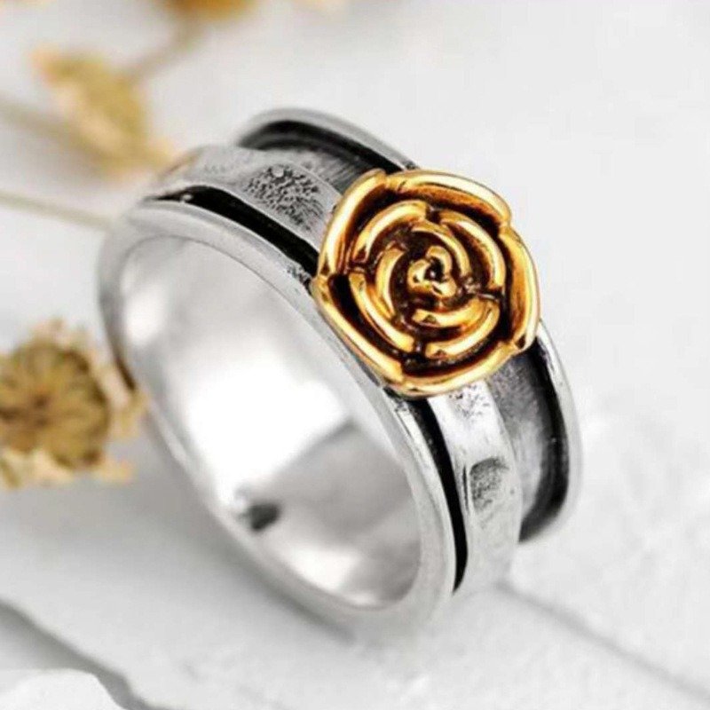 Vintage Gold Rose Flower Antique Silver Cocktail Ring