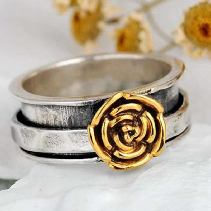 Vintage Gold Rose Flower Antique Silver Cocktail Ring