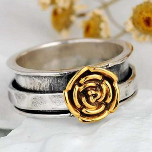 Vintage Gold Rose Flower Antique Silver Cocktail Ring