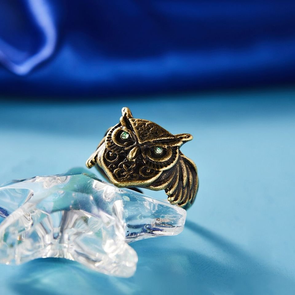 Retro Green Eyes Owl Head Open Gold Ring