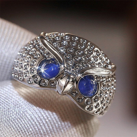 Blue Eye Glaring Owl Unique Open Animal Ring