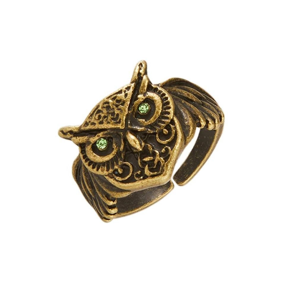 Retro Green Eyes Owl Head Open Gold Ring