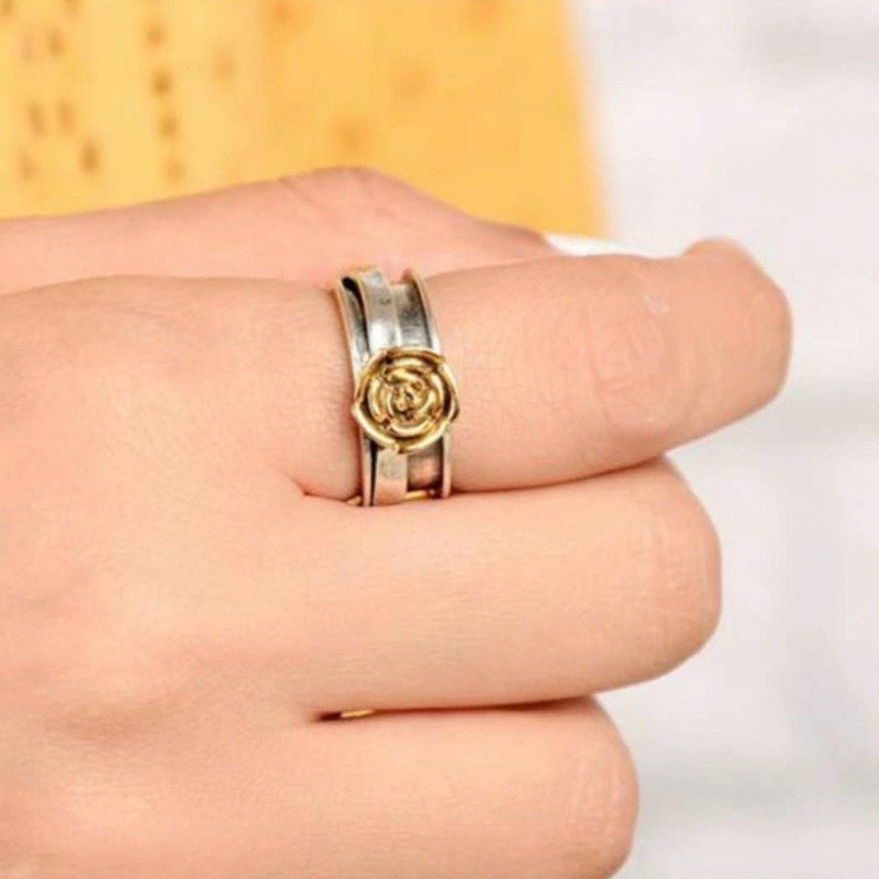 Vintage Gold Rose Flower Antique Silver Cocktail Ring
