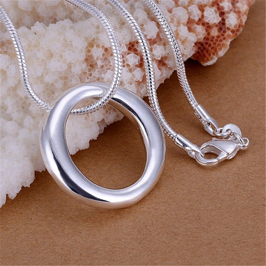 925 Sterling Silver Retro Round Circle Charm Necklace & Chain