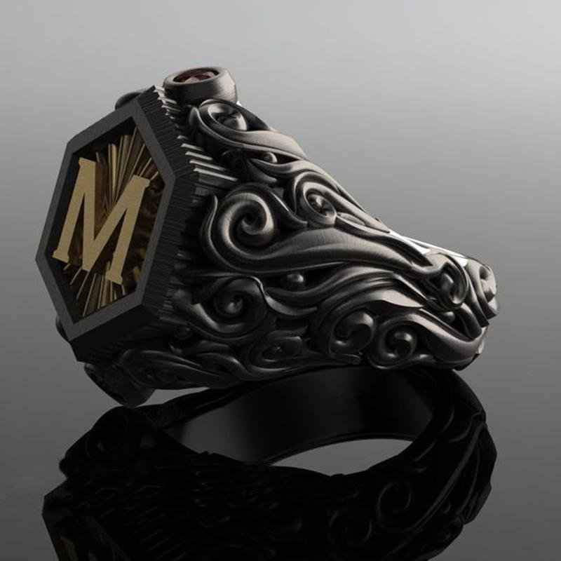 Men's Midnight Sovereign Letter “M” Carved Crest with Gold Emblem Ring
