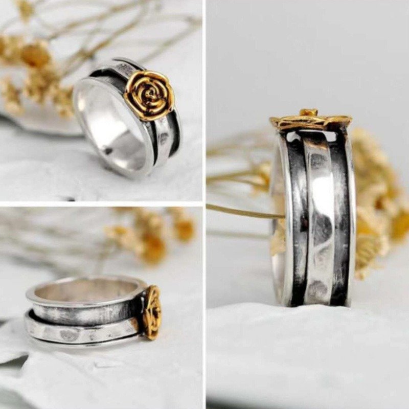Vintage Gold Rose Flower Antique Silver Cocktail Ring