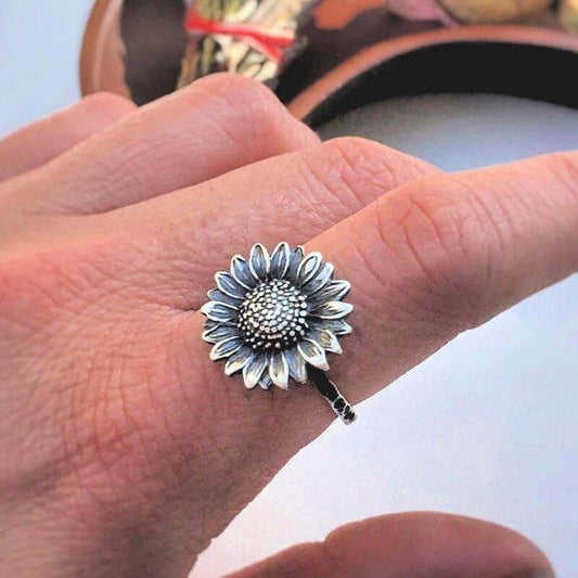 Big 24mm Retro Sunflower Literary Daisy Flower Silver Ring