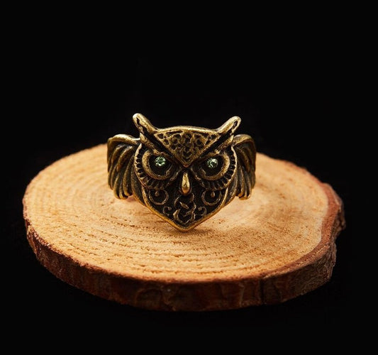 Retro Green Eyes Owl Head Open Gold Ring